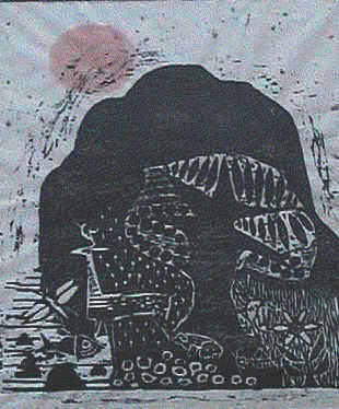 Jim Tanaka woodcut of Clausland Mountain